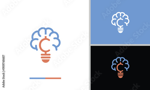 The logo design is in the shape of a brain with a light bulb in the middle, symbolizing ideas, creativity and intelligence that are lit up.