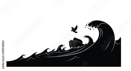 Dramatic black and white illustration of a small boat battling a large crashing wave and a bird
