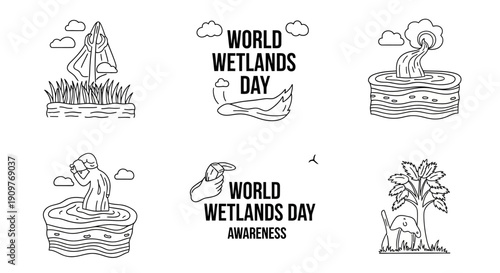 World Wetlands Day awareness black and white line art illustrations set with various wetland scenes and animals.