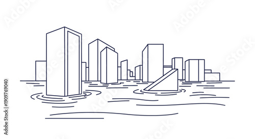 Minimalist line drawing of a flooded cityscape with skyscrapers and a boat
