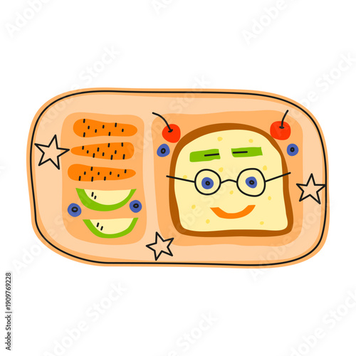 Cute school lunch box with funny smile sandwich, carrots, apple slices and berries isolated on white background. Children meal in modern hand drawn flat style. Healthy whimsical bento.