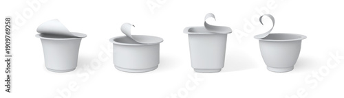 Open yogurt cup 3D mock up vector set, dairy product packages, realistic plastic container different forms exposed lid