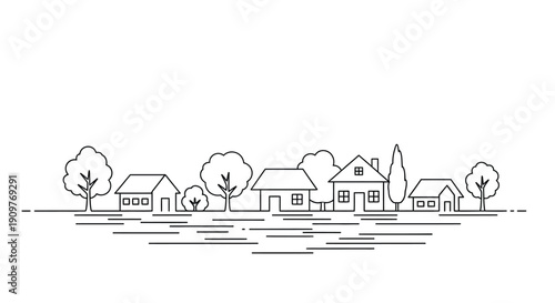 Simple line drawing of a small town cityscape with houses trees and water