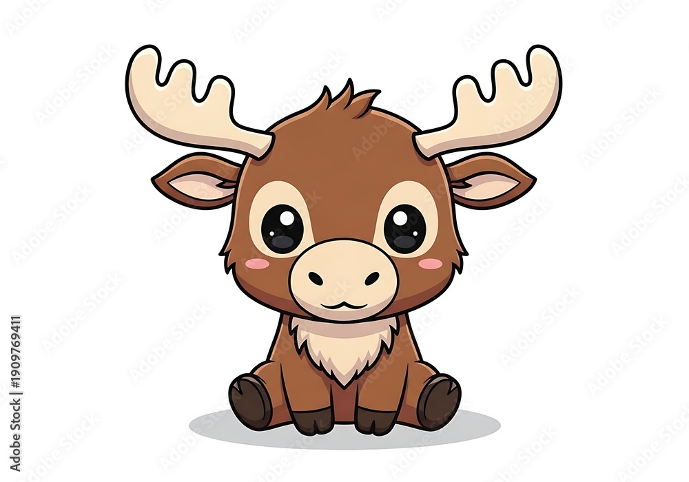 Fototapeta premium Cute cartoon moose with large antlers and big eyes sitting on the ground