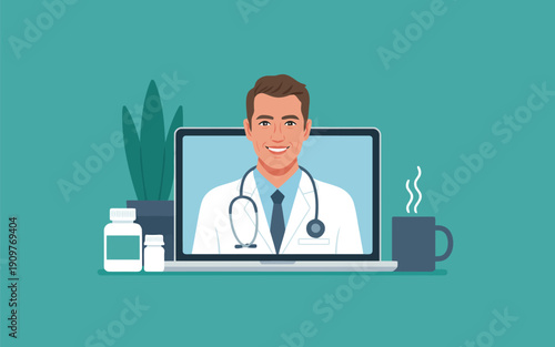 A smiling male doctor on a laptop screen offers professional virtual medical consultations