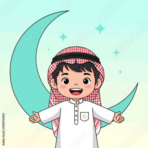 Young Boy Wearing Traditional Arabic Clothing Smiling.