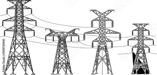High voltage electricity transmission towers set, steel lattice pylons and overhead power lines infrastructure engineering illustration isolated