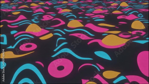 retro geometric shapes, expanding and contracting in rhythmic motion, bold 70s colors