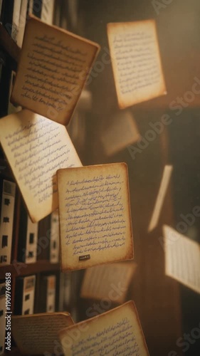 Vintage index cards floating upward in smooth slow motion, handwritten catalog notes