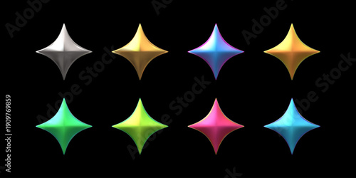 A set of four-pointed bright neon 3D stars or diamonds with a glow effect.