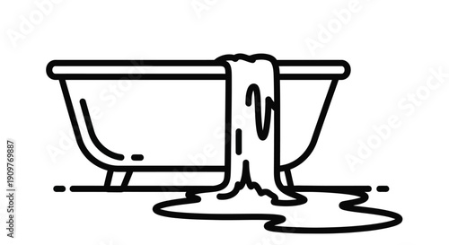 Simple line drawing of a bathtub with overflowing water and a rubber duck