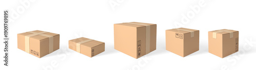 3D cardboard box different sizes vector icon set, closed brown carton parcel with transportation symbols, package mockup