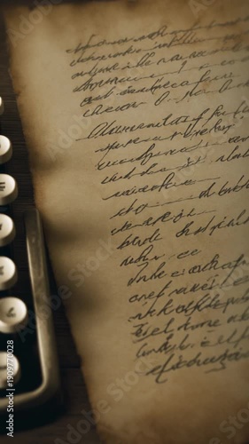 Old typewritten documents gliding horizontally, imperfect letters, smudged ink