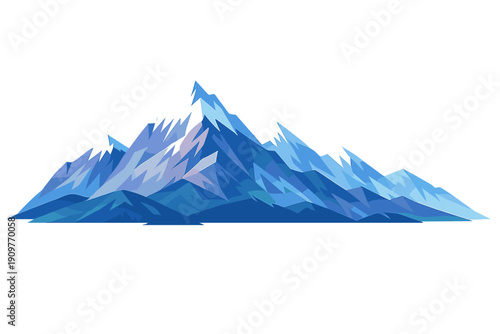A stylized vector illustration of a snow-capped mountain range with geometric peaks in shades of blue and white, set against a solid black background for a clean, modern look.