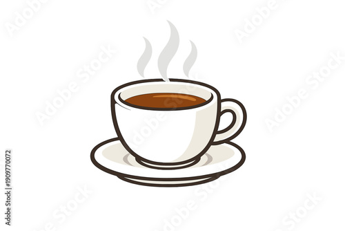 A stylized illustration of a steaming cup of hot coffee or tea sitting on a saucer against a solid black background. The cup is dark with a light rim and brown liquid inside.
