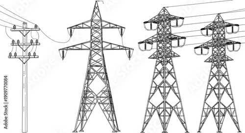 Set of high voltage transmission towers and utility pole, electric power line infrastructure and steel lattice pylons engineering illustration