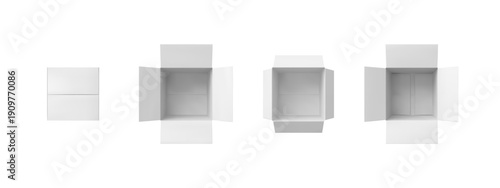 Set of white cardboard boxes, square, closed, open, and empty.