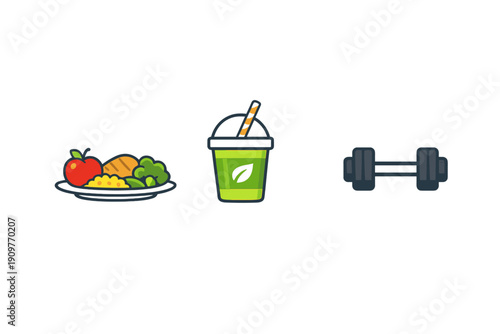Three flat icons on a black background representing a healthy lifestyle, including a plate of nutritious food with an apple and broccoli, a green smoothie cup, and a gray dumbbell.