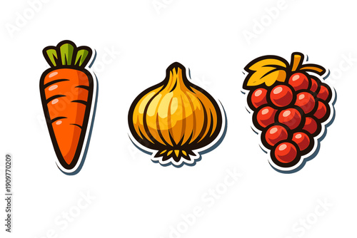 A set of three stylized food illustrations featuring an orange carrot, a yellow onion, and a bunch of red grapes. Each icon has a thick white border and bold black outlines on a black background.