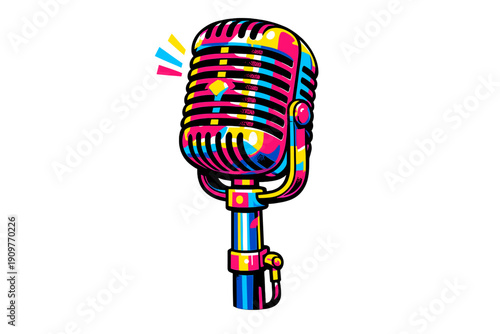 A vibrant pop art illustration of a vintage retro microphone on a black background. The design features bold colors like pink, yellow, and blue with a stylized graphic aesthetic.
