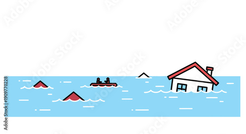 Illustration of a flooded house and boat amid rising water levels