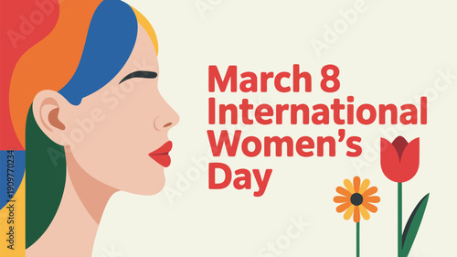 A stylized profile of a woman with colorful hair celebrates International Womens Day on March 8
