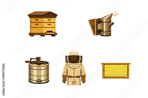 A collection of beekeeping equipment icons including a wooden beehive, a metal smoker, a honey extractor, a beekeeper in a protective suit, and a honeycomb frame on a black background.