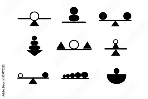 A collection of nine minimalist black and white icons representing concepts of balance, weight, and geometry using simple shapes like circles, triangles, and lines on a dark background.