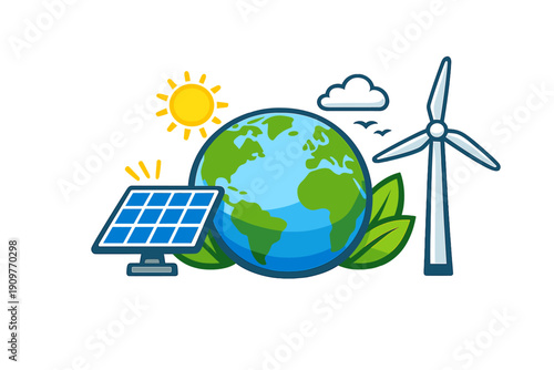 A cartoon illustration of planet Earth surrounded by renewable energy sources including a solar panel, a wind turbine, a bright sun, green leaves, and a white cloud.