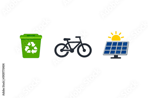 Three icons representing environmental sustainability are displayed on a black background, including a green recycling bin, a black bicycle, and a solar panel with a sun.