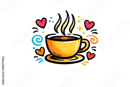 A vibrant illustration of a yellow coffee cup on a saucer with steam rising, surrounded by colorful hearts, swirls, and stars against a solid black background.
