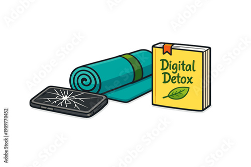 This illustration features a broken smartphone with a cracked screen next to a rolled teal yoga mat and a yellow book about digital detox, representing a healthy lifestyle and mental wellness.