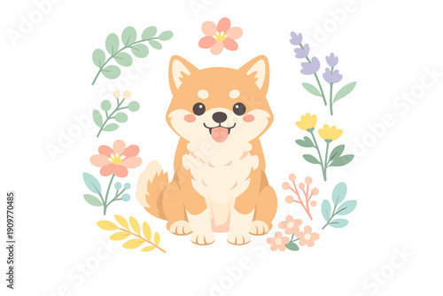 A cute cartoon Shiba Inu dog sits smiling with its tongue out, surrounded by colorful pastel flowers and botanical leaves on a solid black background in a flat vector style.