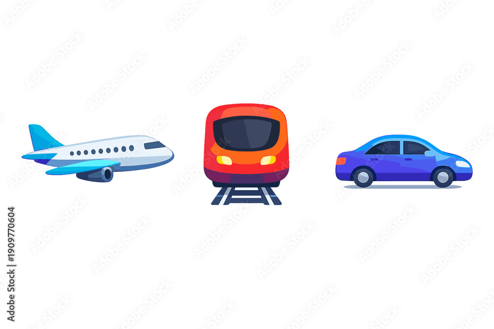 Fototapeta premium A set of three stylized transportation icons featuring a white and blue airplane, a red and orange train on tracks, and a blue car, all isolated against a solid black background.