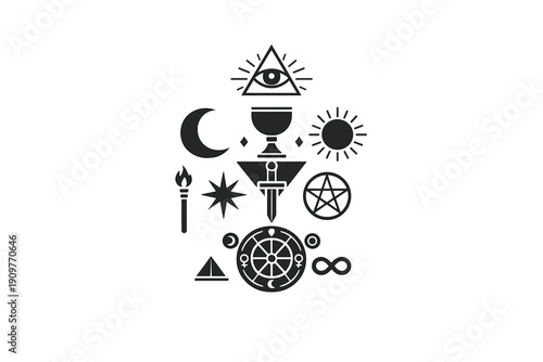A collection of mystical and occult symbols including an eye in a triangle, a crescent moon, a sun, a chalice, a dagger, and a pentagram, all arranged on a solid black background.