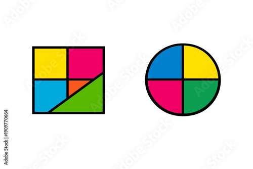A minimalist graphic illustration featuring a multi-colored square and a circle divided into quadrants, set against a solid black background. The shapes use vibrant primary and secondary colors.