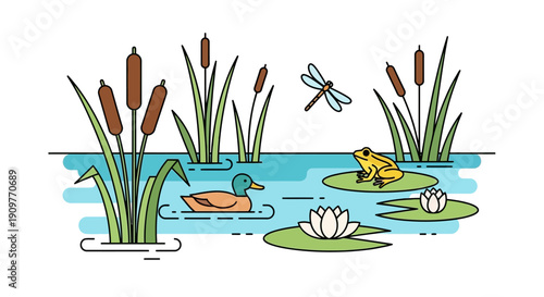 Illustration of a pond with cattails, a duck, a frog, lily pads, and a dragonfly in a natural outdoor setting.