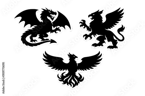 A collection of three black silhouettes featuring mythical creatures including a dragon, a griffin, and a phoenix. Each icon has a white border and is set against a dark background.