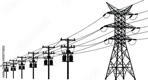 Silhouette of high voltage transmission tower and distribution transformers, electric power lines infrastructure and energy grid system concept