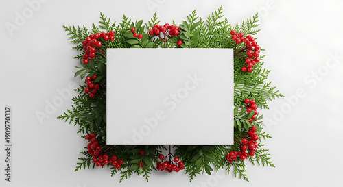 Wallpaper Mural Minimalist Christmas Card Mockup with Evergreen Branches and Red Berries on White Background Torontodigital.ca
