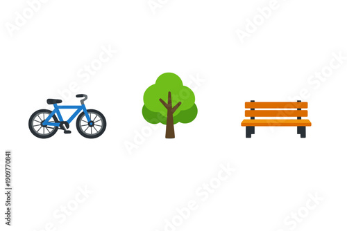 A flat illustration featuring a blue bicycle, a green deciduous tree, and an orange wooden park bench arranged horizontally against a solid black background.