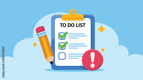 A vibrant TO DO LIST on a clipboard with solid green checkmarks, a pencil, and a red warning sign