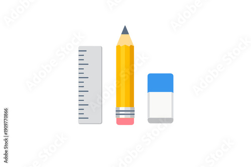 A flat illustration featuring a grey ruler, a yellow pencil with a pink eraser, and a blue and white eraser, all arranged vertically against a solid black background.