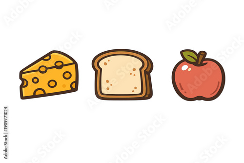 A collection of three food stickers featuring a wedge of yellow cheese with holes, a slice of white bread, and a ripe red apple, all set against a solid black background.