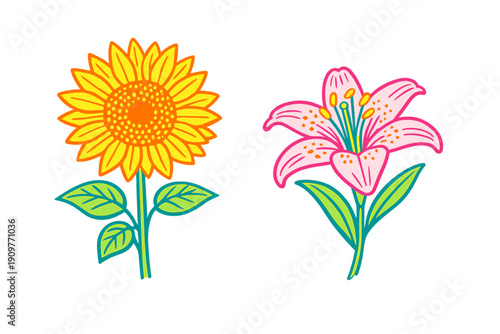 A vibrant illustration featuring a yellow sunflower and a pink lily side by side on a black background. Both flowers have green stems and leaves with bold colorful outlines.