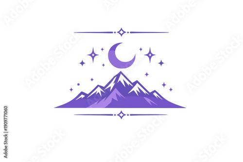 A purple mountain range sits under a crescent moon and twinkling stars in this minimalist vector illustration. Decorative lines frame the celestial night scene on a black background.