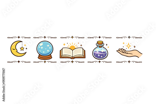 A row of five magical icons including a crescent moon, crystal ball, open book, potion bottle, and a hand with a star, set against a black background with decorative borders.