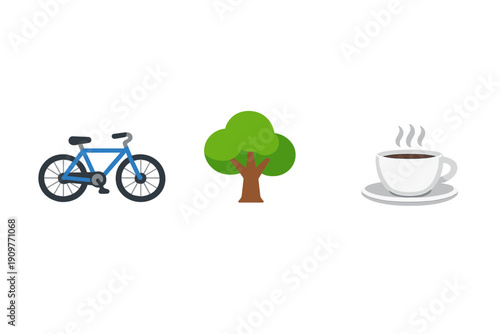 Three flat icons representing a blue bicycle, a green tree, and a steaming white cup of coffee on a saucer, all isolated on a solid black background for a minimalist design.