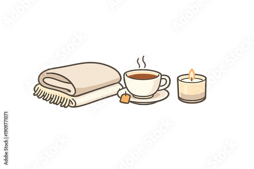 A cozy illustration featuring a folded beige blanket with fringe, a steaming cup of tea on a saucer with a tea bag, and a small lit candle, all set against a plain black background.