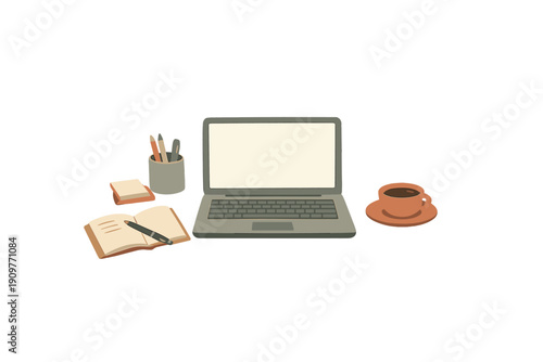 A minimalist illustration of a workspace featuring an open laptop, a notebook with a pen, a pencil holder, and a cup of coffee on a saucer against a solid black background.